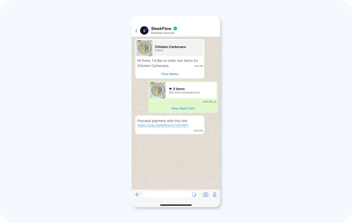 Funzioni di menu e pagamento con WhatsApp web API