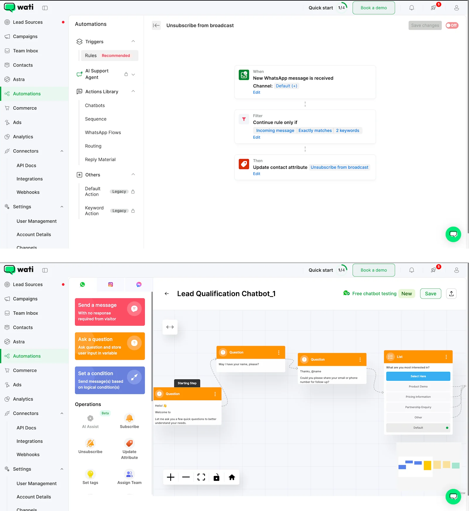 Wati’s inconsistent platform design featuring two different interfaces for automations and bot building, leading to manual complexity and user confusion