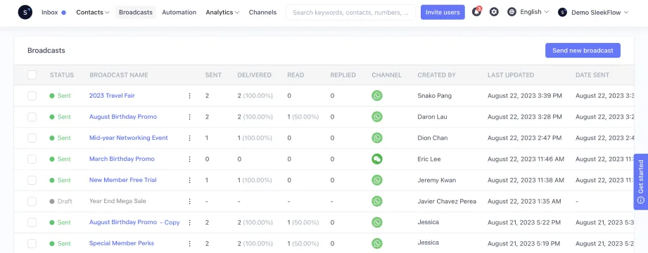 Broadcast message campaign on SleekFlow