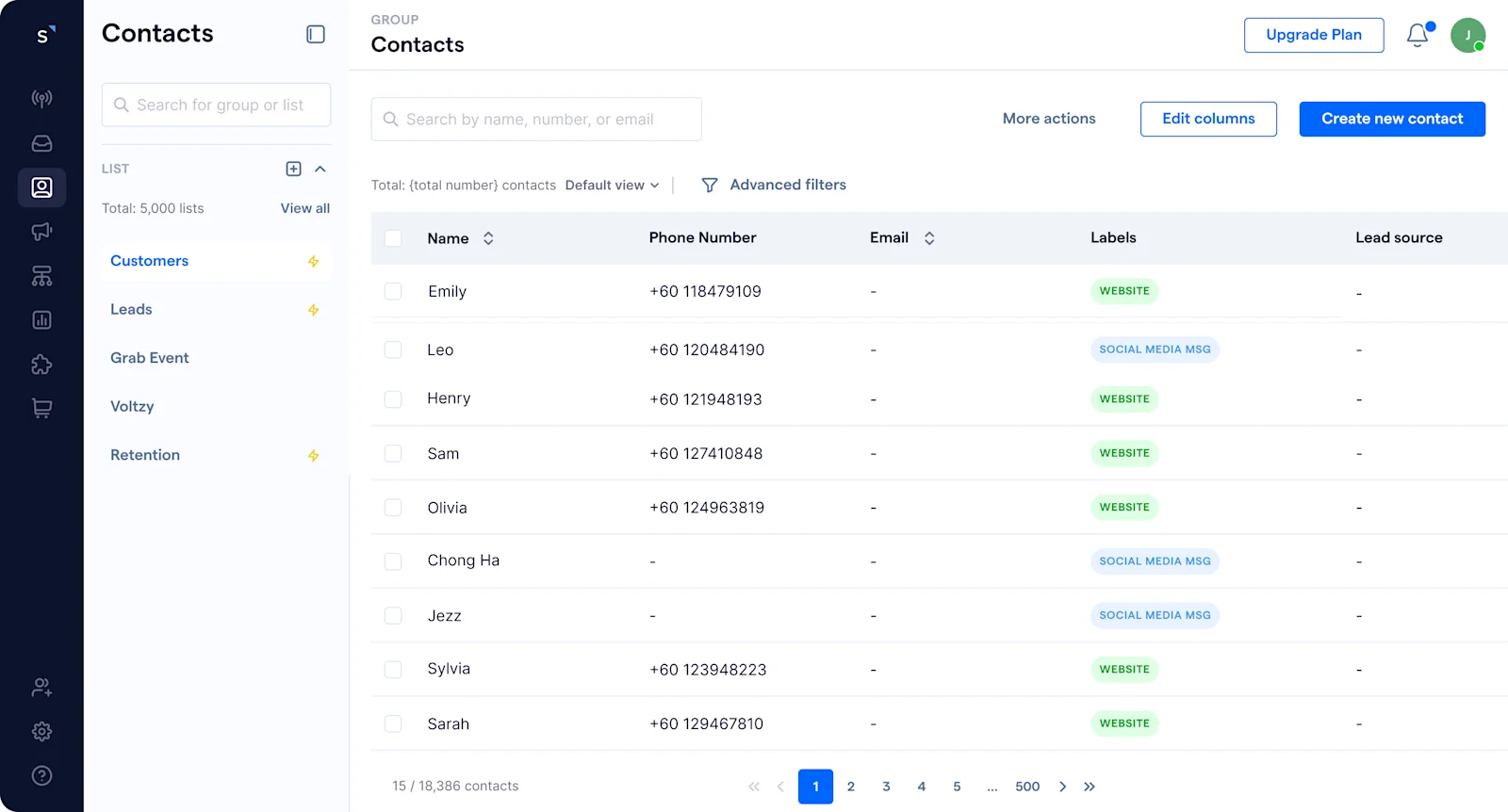 BateriHub using SleekFlow as a CRM with labels and lists