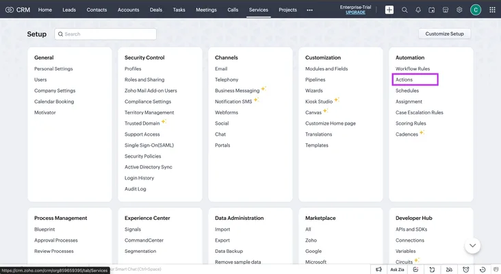 zoho crm setup menu with options for automation and customization