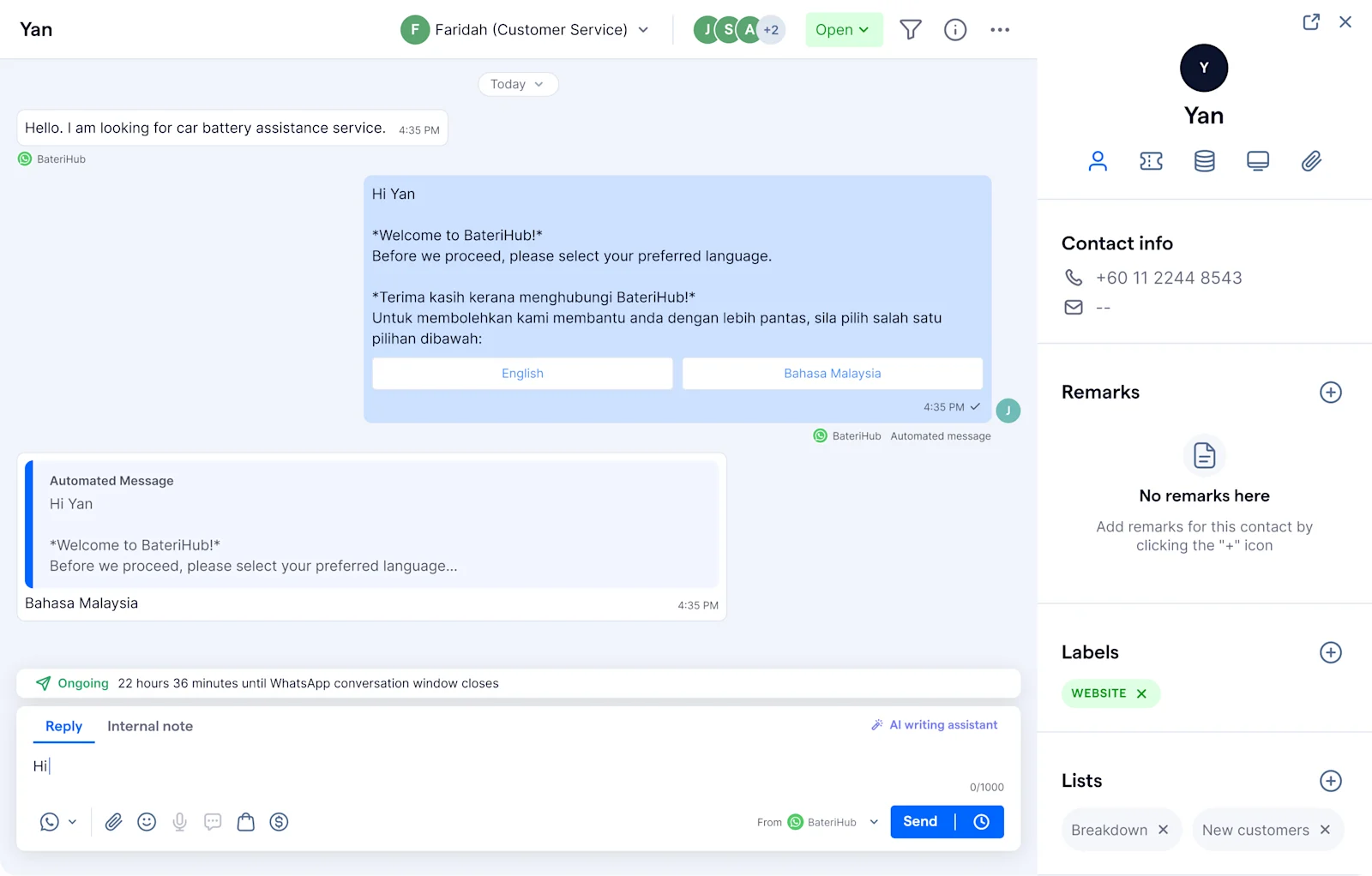 BateriHub using SleekFlow to render help to customers who need jumpstart services