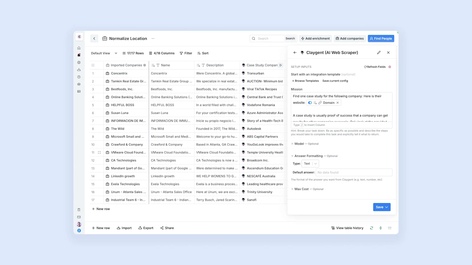 Clay AI dashboard showcasing Claygent web scraping automation for prospecting and business data enrichment.