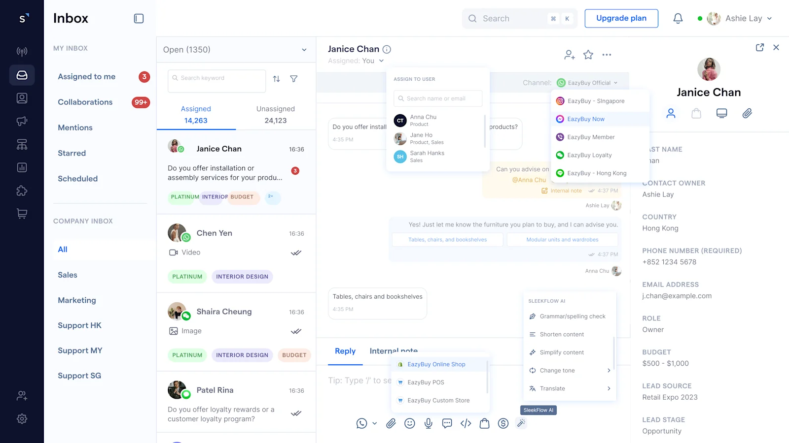 The SleekFlow WhatsApp Business API that comes with a unified inbox, automation, ticketing, AI features and more