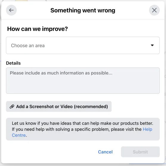 Details im Facebook-Support-Formular ausfüllen