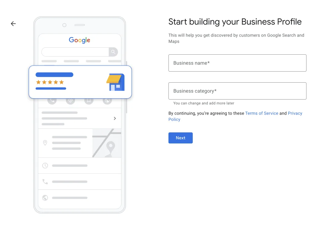 Step 1 for creating a Google Business profile