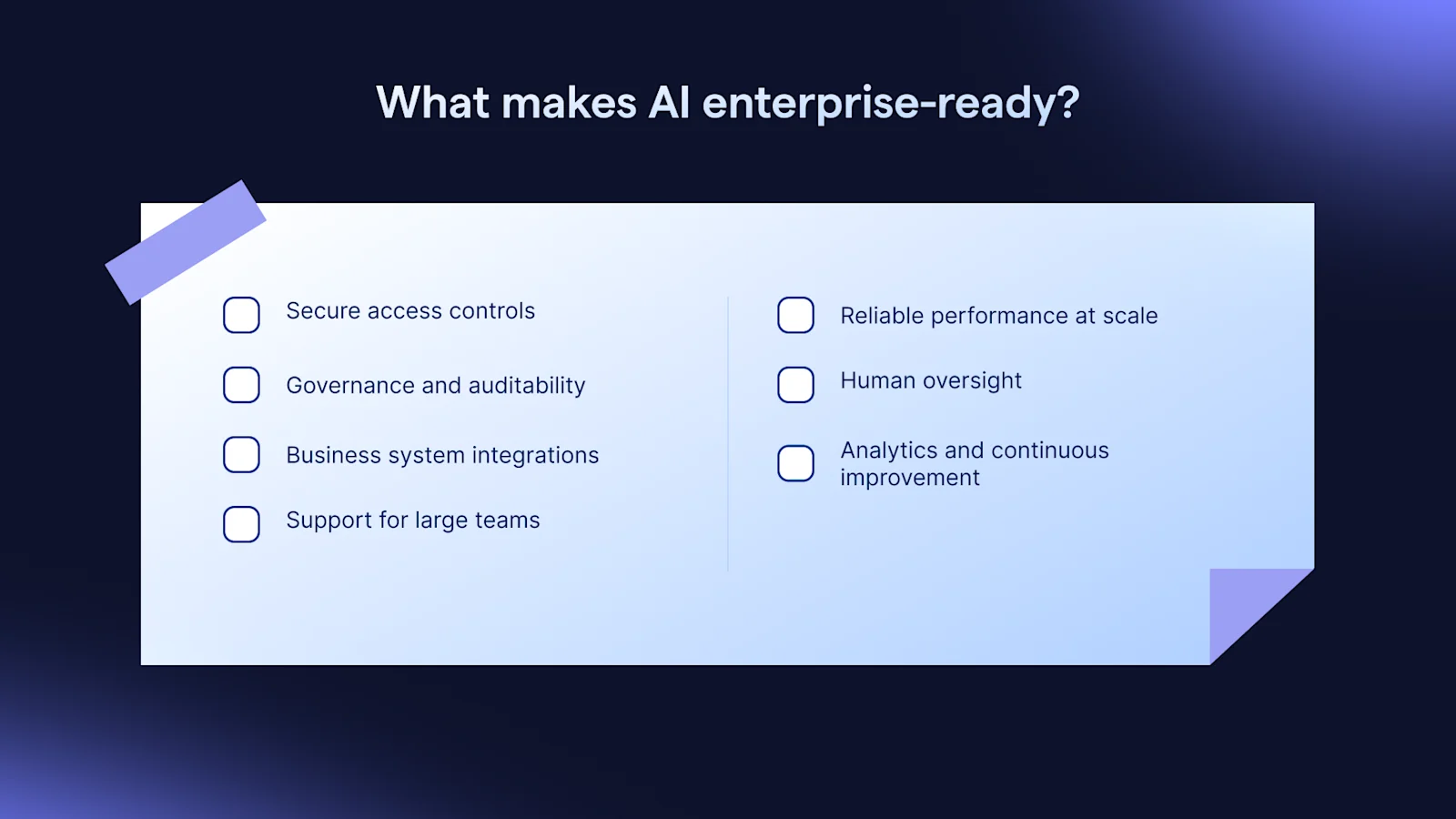 checklist for enterprise AI solutions, if there are secure access controls, governance, integrations, support for large teams, reliable performance, human oversight and continuous improvement
