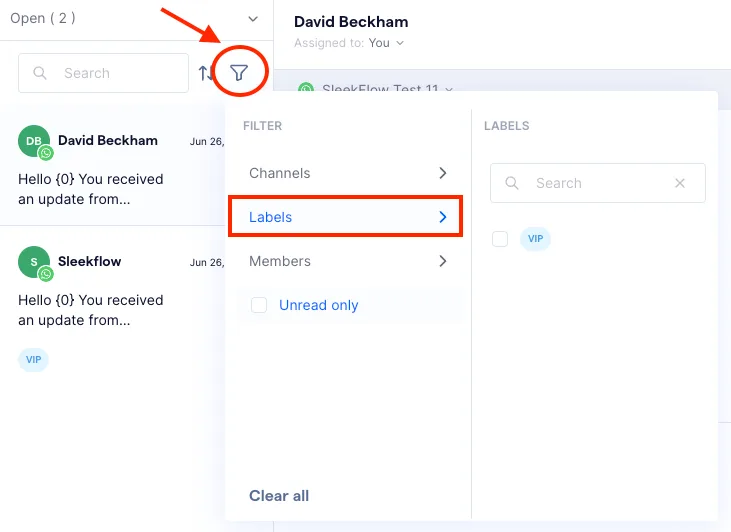 Filter label kontak SleekFlow