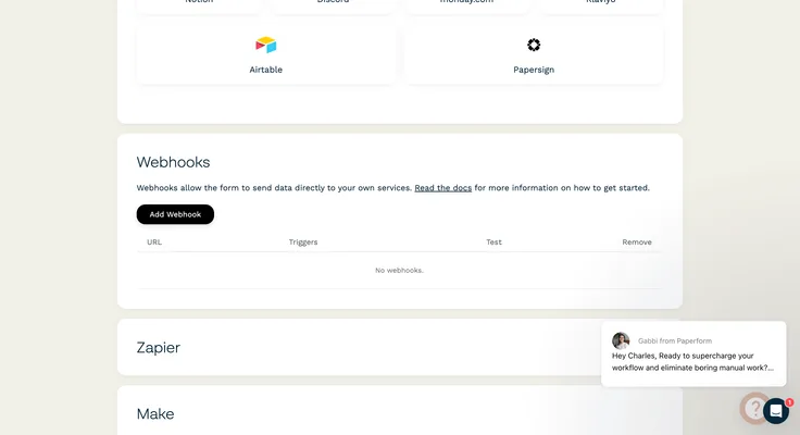 webhook setup section with no active webhooks