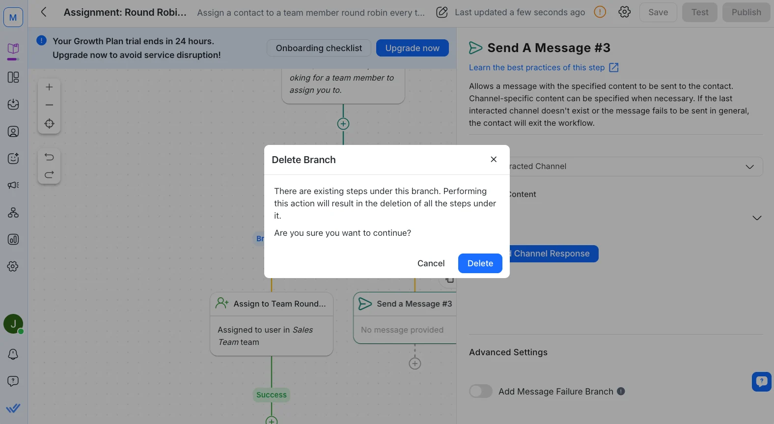 Respond.io’s workflow builder UX can be frustrating, as deleting an upper node deletes the entire branch below it.