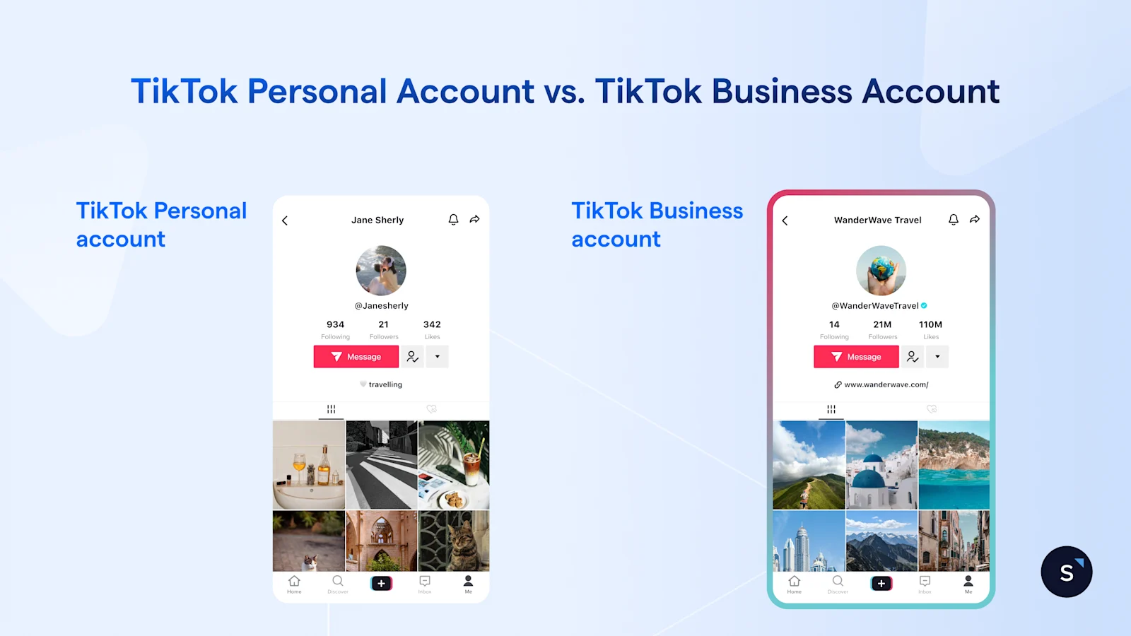 Comparison of a TikTok Personal account (left) and a TikTok Business account (right).