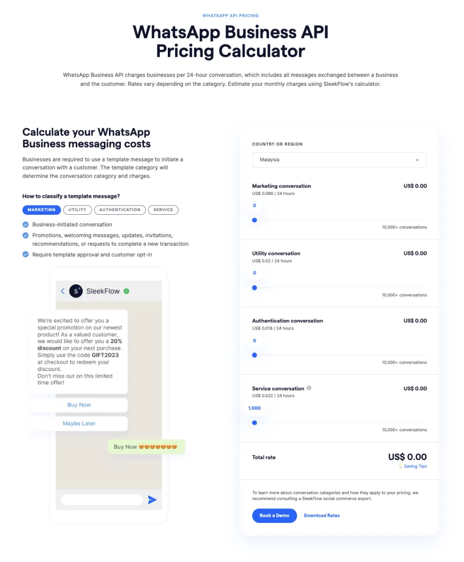sleekflow whatsapp business messaging cost calculator for malaysia