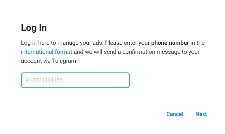login screen for telegram requesting phone number for confirmation.
