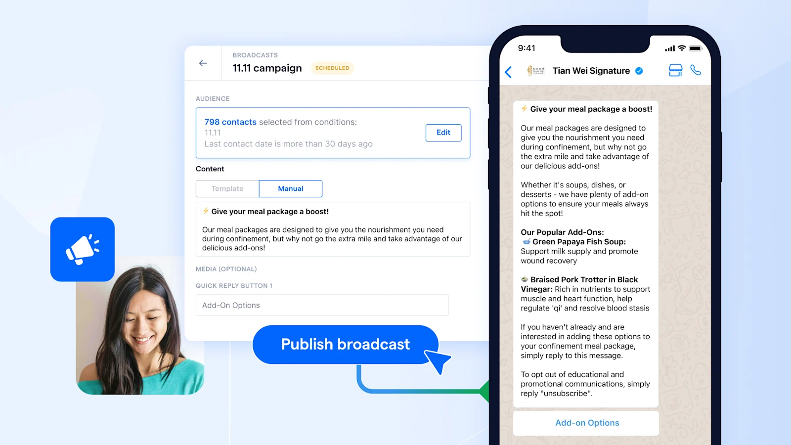Tian Wei Signature 11.11 broadcast message on whatsapp