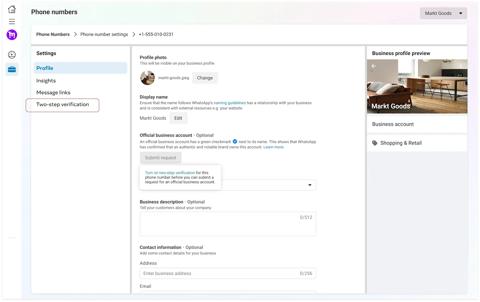 Two-step verification enabled confirmation screen showing 2FA already active for a phone number