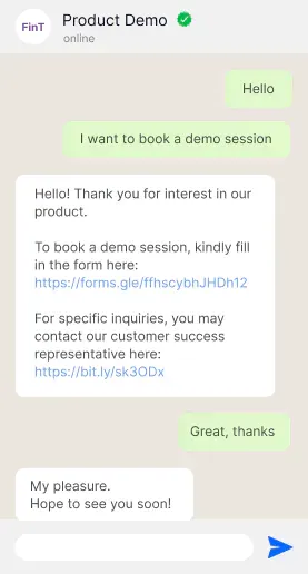 Réservation de démonstrations de produits Fintech sur WhatsApp Officiel