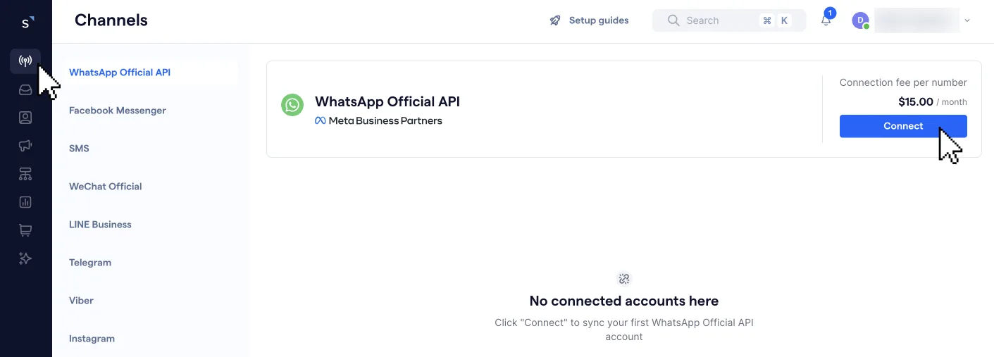 sleekflow channels menu with whatsapp api connection