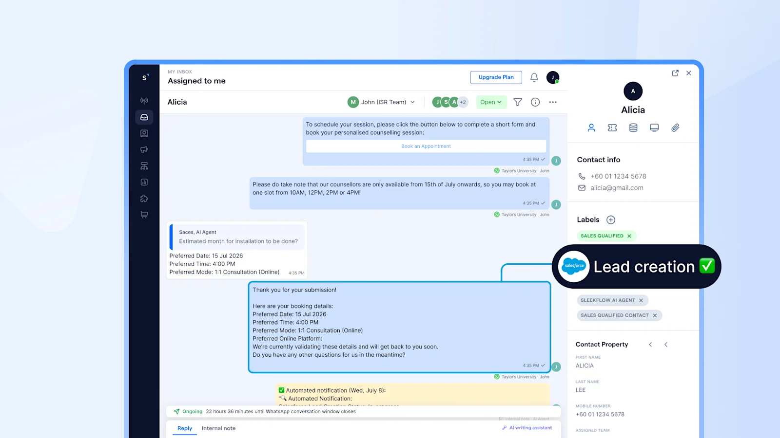 Taylors University using salesforce integration with sleekflow to automatically enter lead details in the CRM