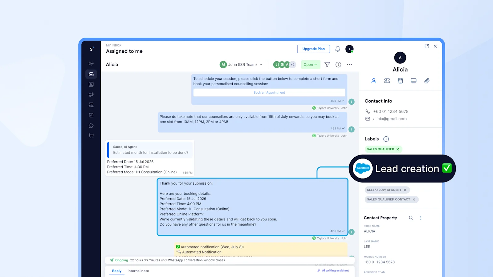 Screenshot of Taylor's University conversation on SleekFlow with a prospective student, where AI agents connect the data to Salesforce to give teams a complete view of each prospective student
