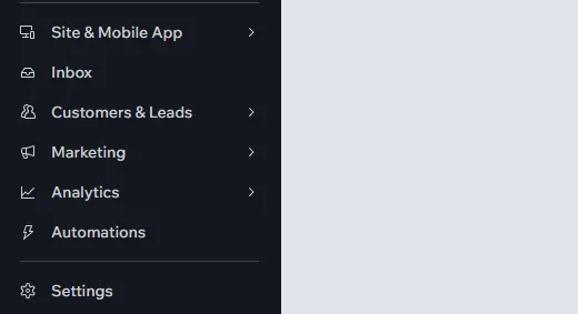 wix menu with various options in sidebar