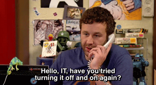 scene from a comedy with "turn it off and on" joke