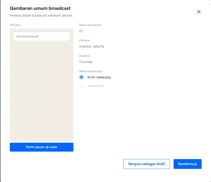 Uji coba pesan broadcast 