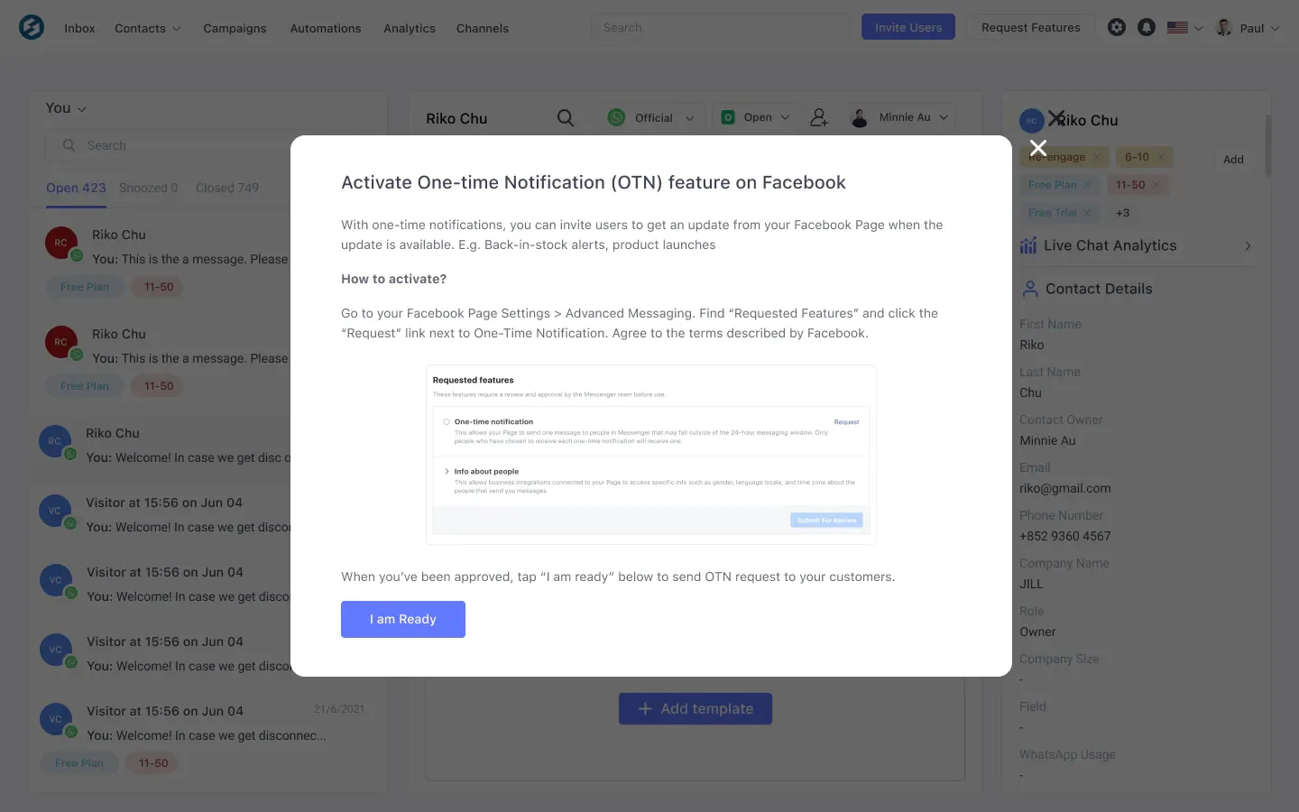 Permita o OTN na sua página Facebook Business