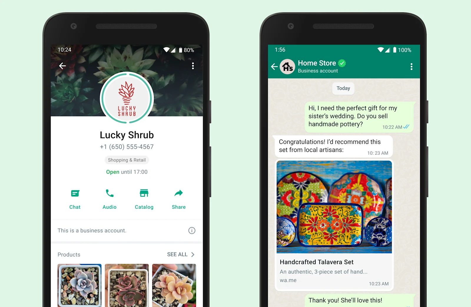 two android screens showing a business profile for lucky shrub and a WhatsApp chat about purchasing handmade pottery 