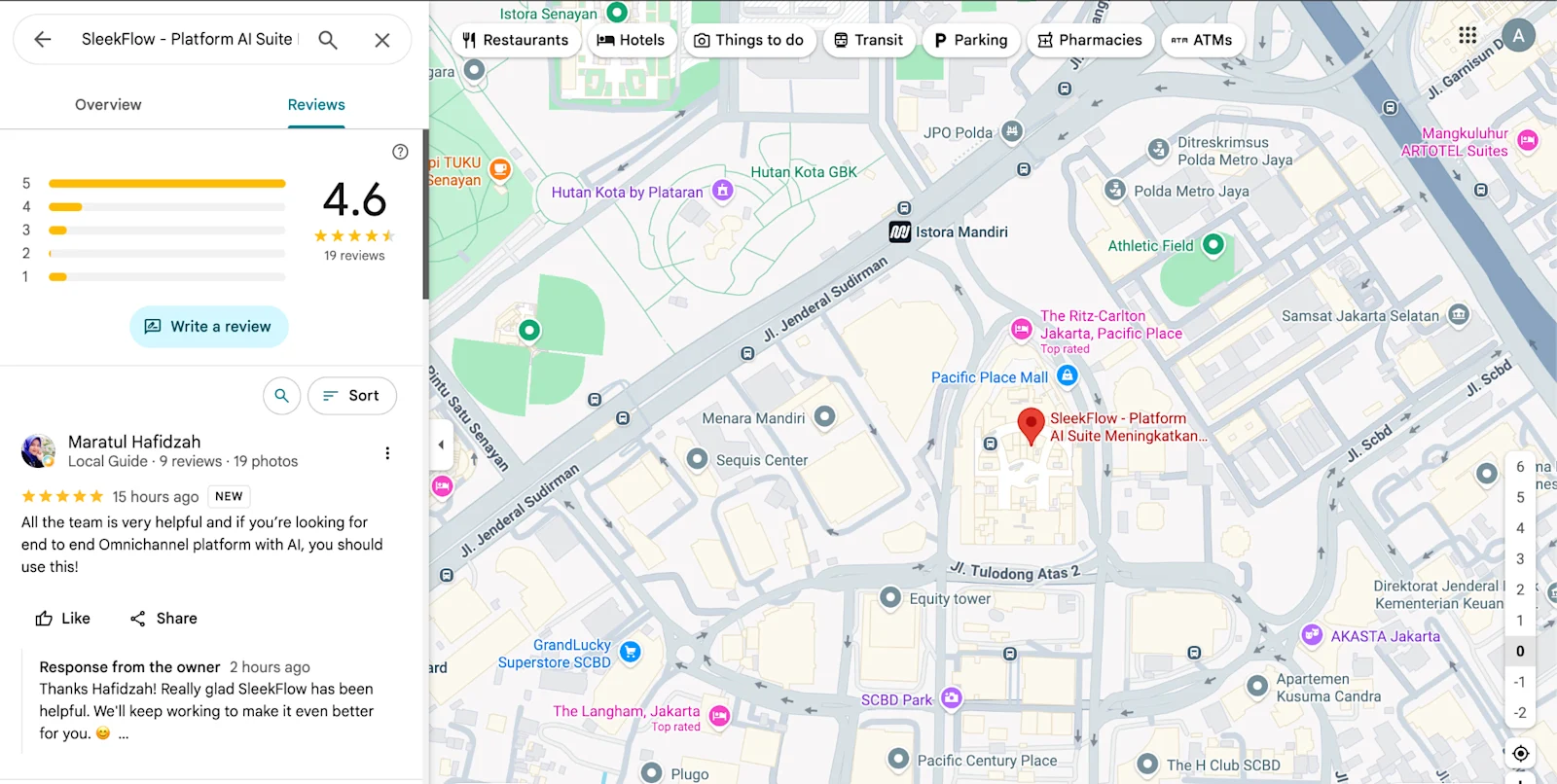 screenshot of review reply that was written in sleekflow being published on google maps