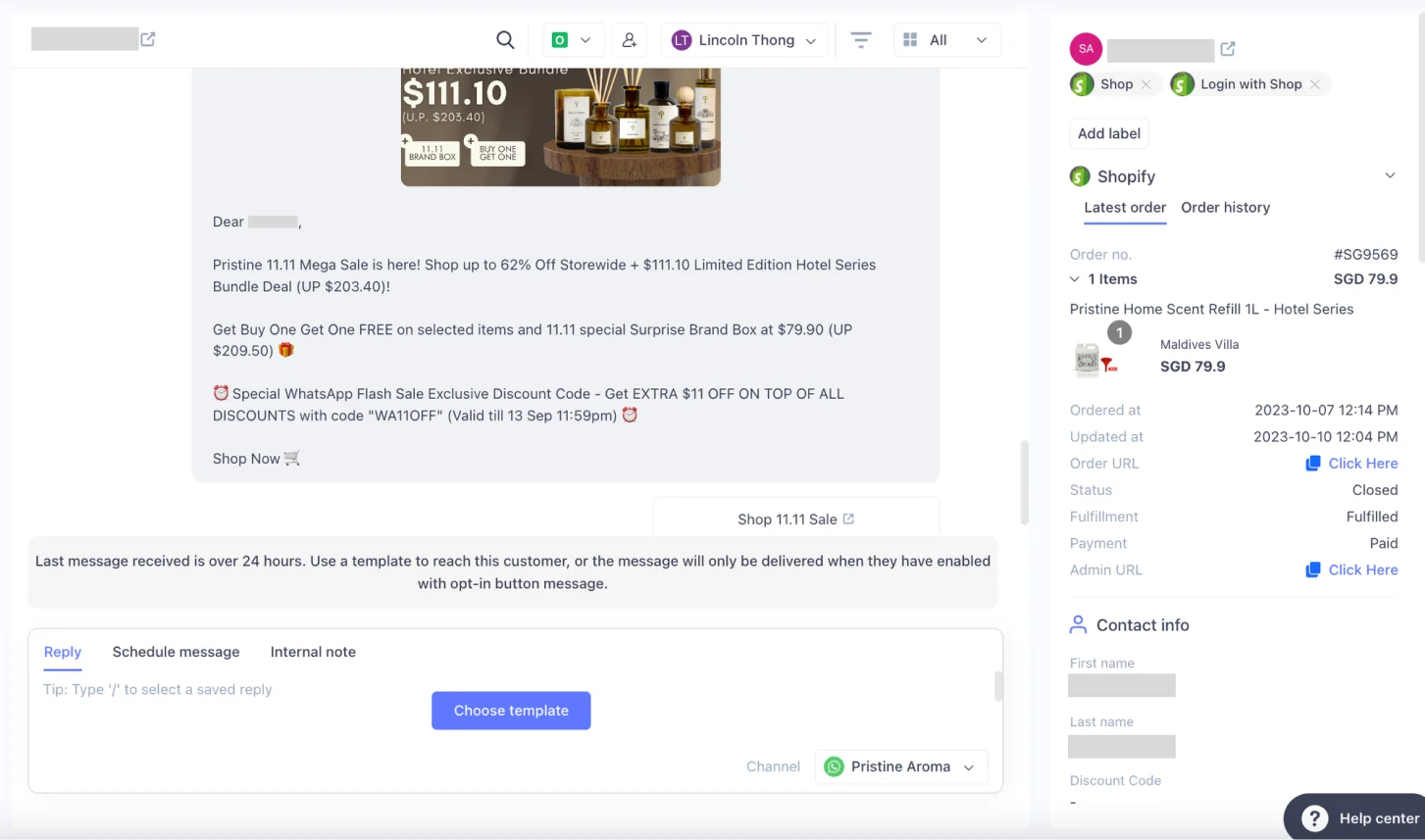 Pristine Aroma's Shopify integration on SleekFlow