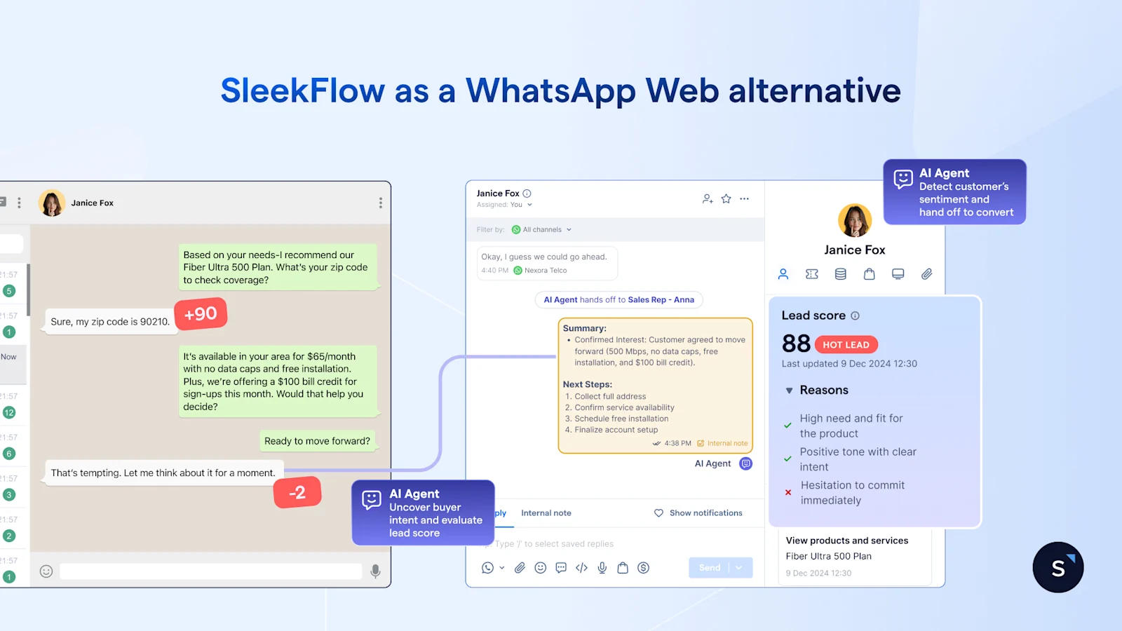Why SleekFlow is a good WhatsApp web alternative, featuring advanced features like AI agents and internal notes