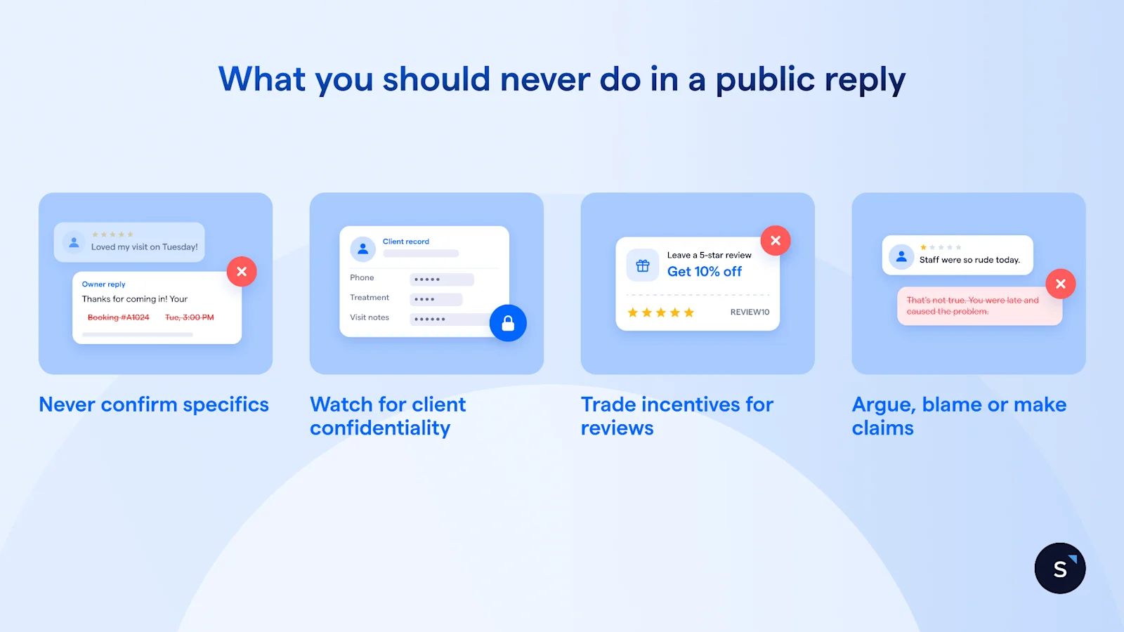 4 things to never do when replying a google review: confirm specifics, break confidentiality, trade incentives and argue