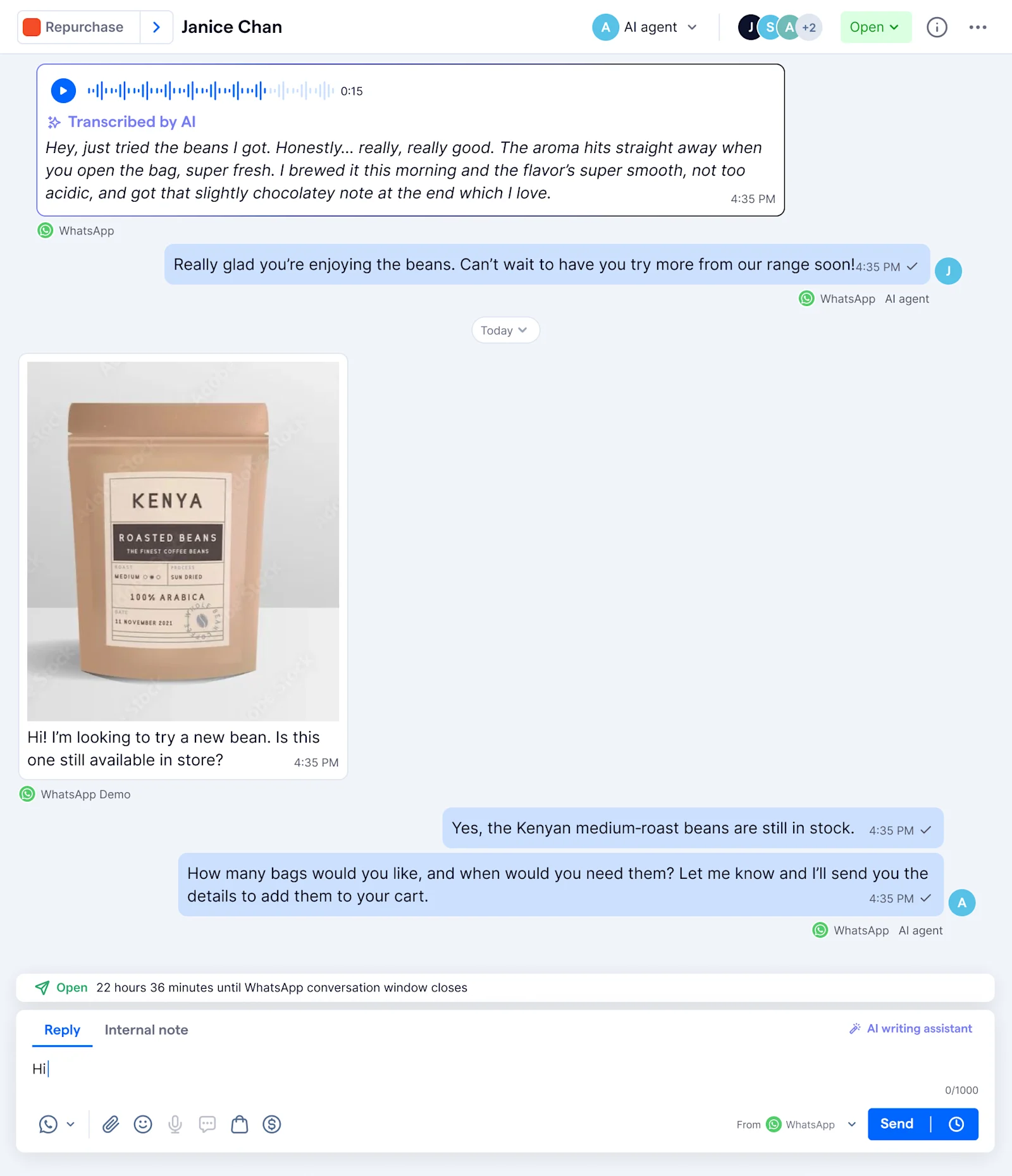 SleekFlow AI transcribes audio messages, reads images' text and replies in multiple bubbles