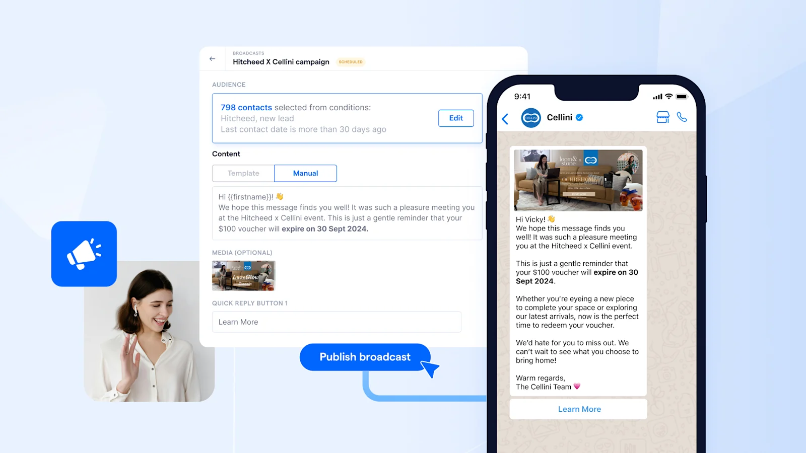 Cellini SG using personalised WhatsApp broadcasts post event to remind customers to use their vouchers
