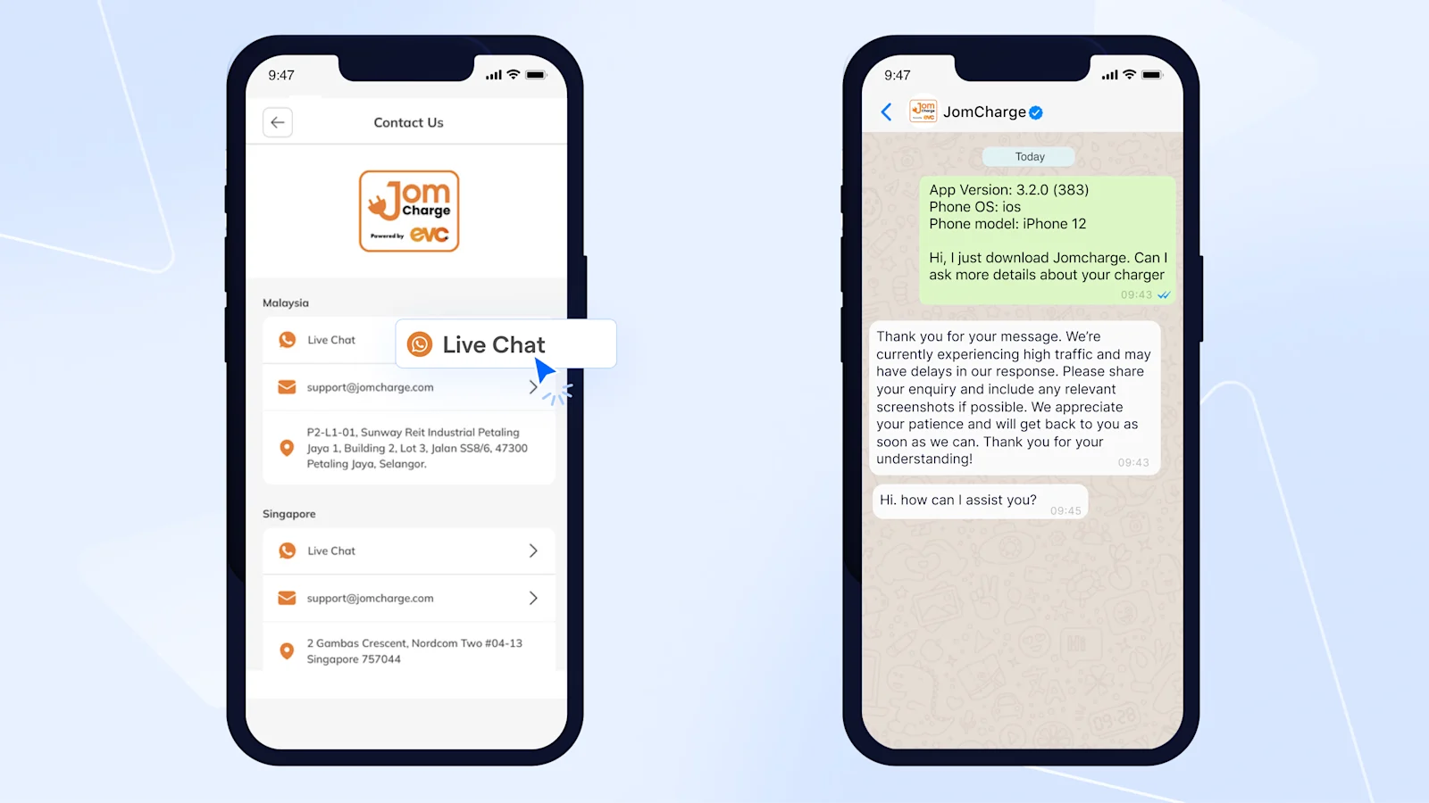 JomCharge mobile and website live chat
