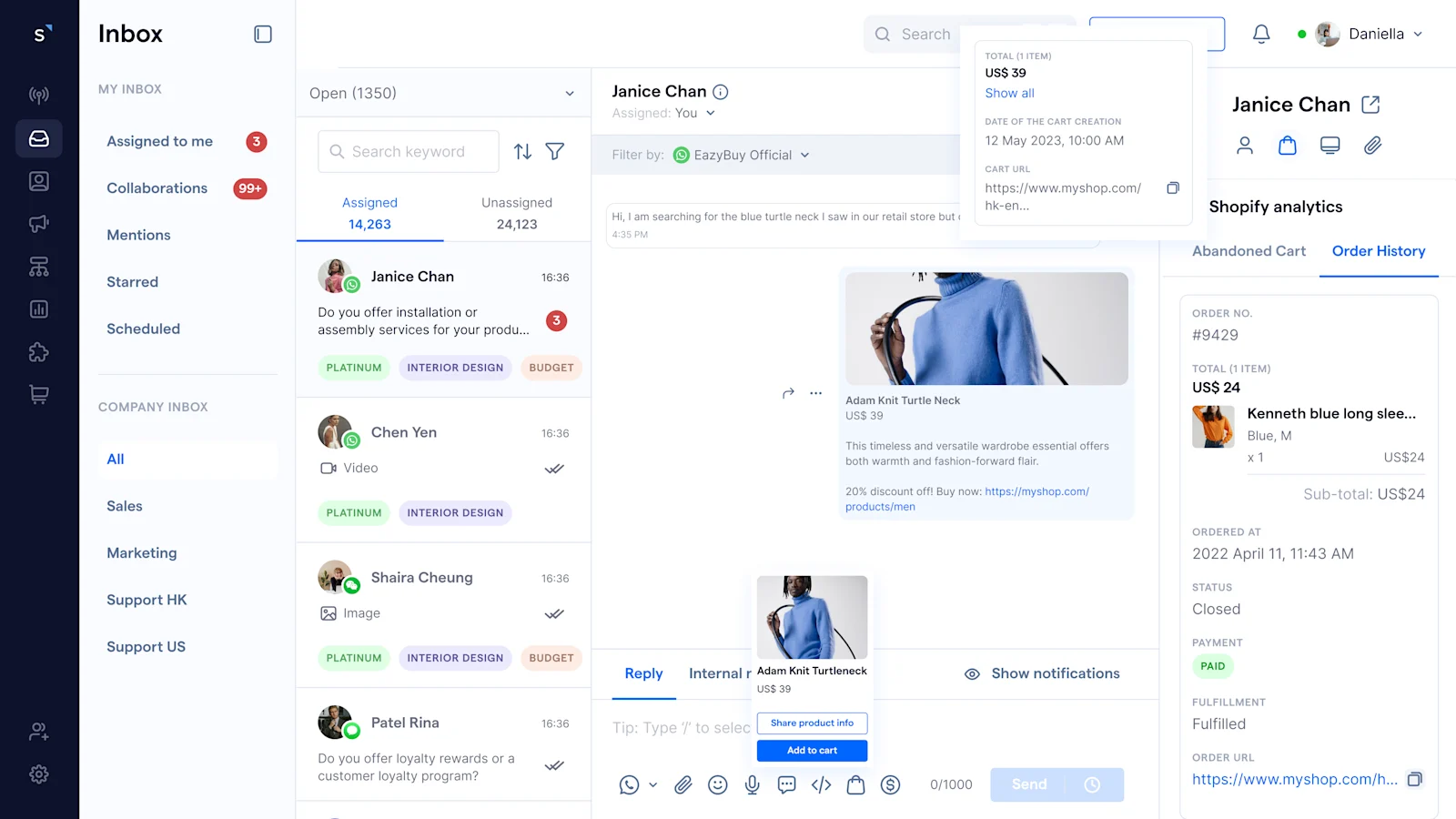 SleekFlow inbox interface showing a customer conversation with order details and abandoned cart information. The sidebar displays assigned tasks, while the main section highlights the customer's inquiry about a product and relevant Shopify analytics including order history and cart URL.