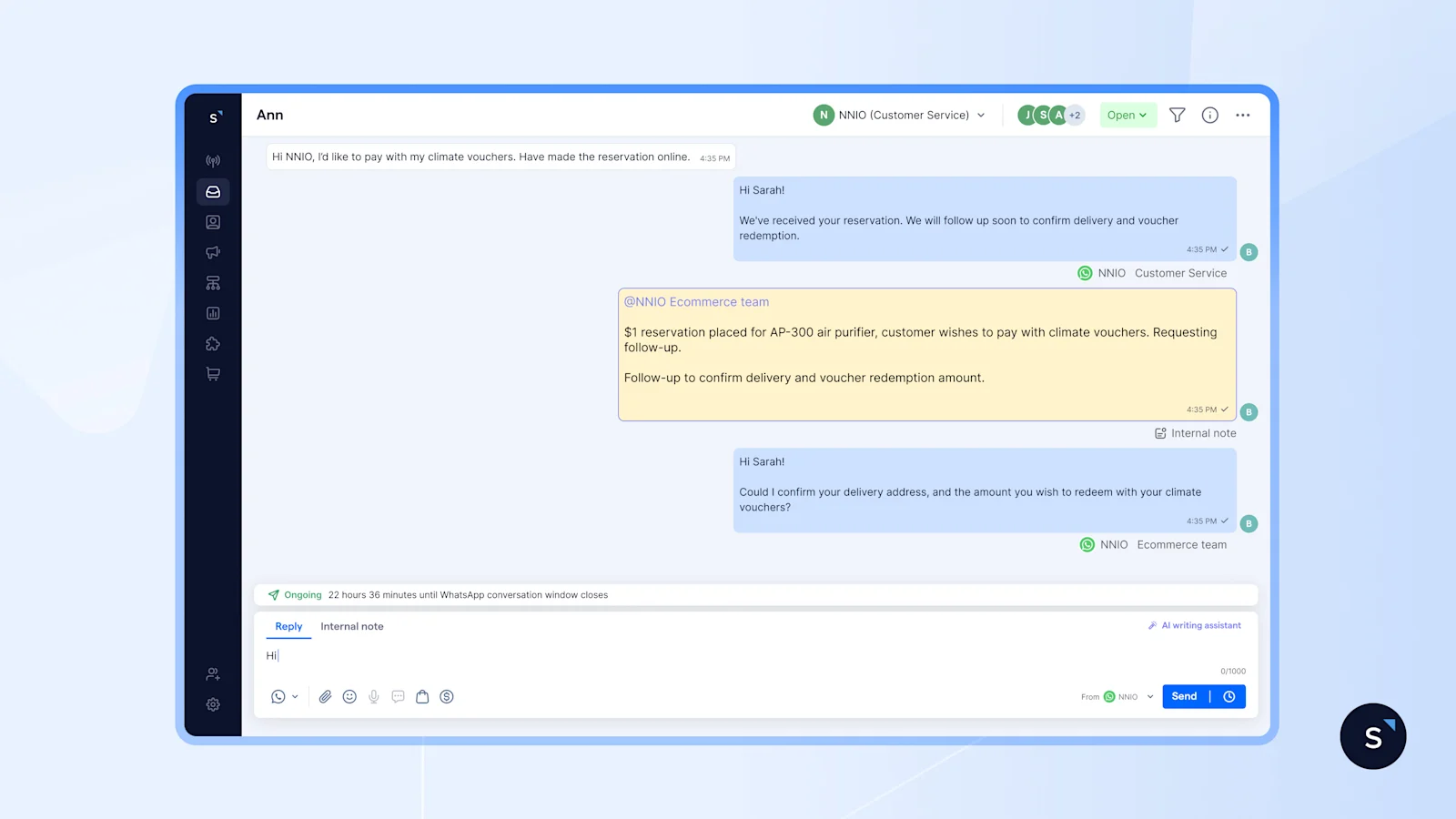 NNIO using internal notes on SleekFlow for collaboration between teams