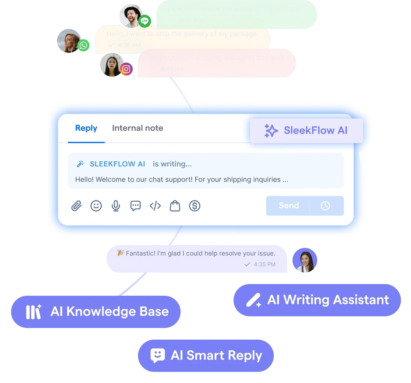 sleekflow ai interface showing smart reply and writing assistant