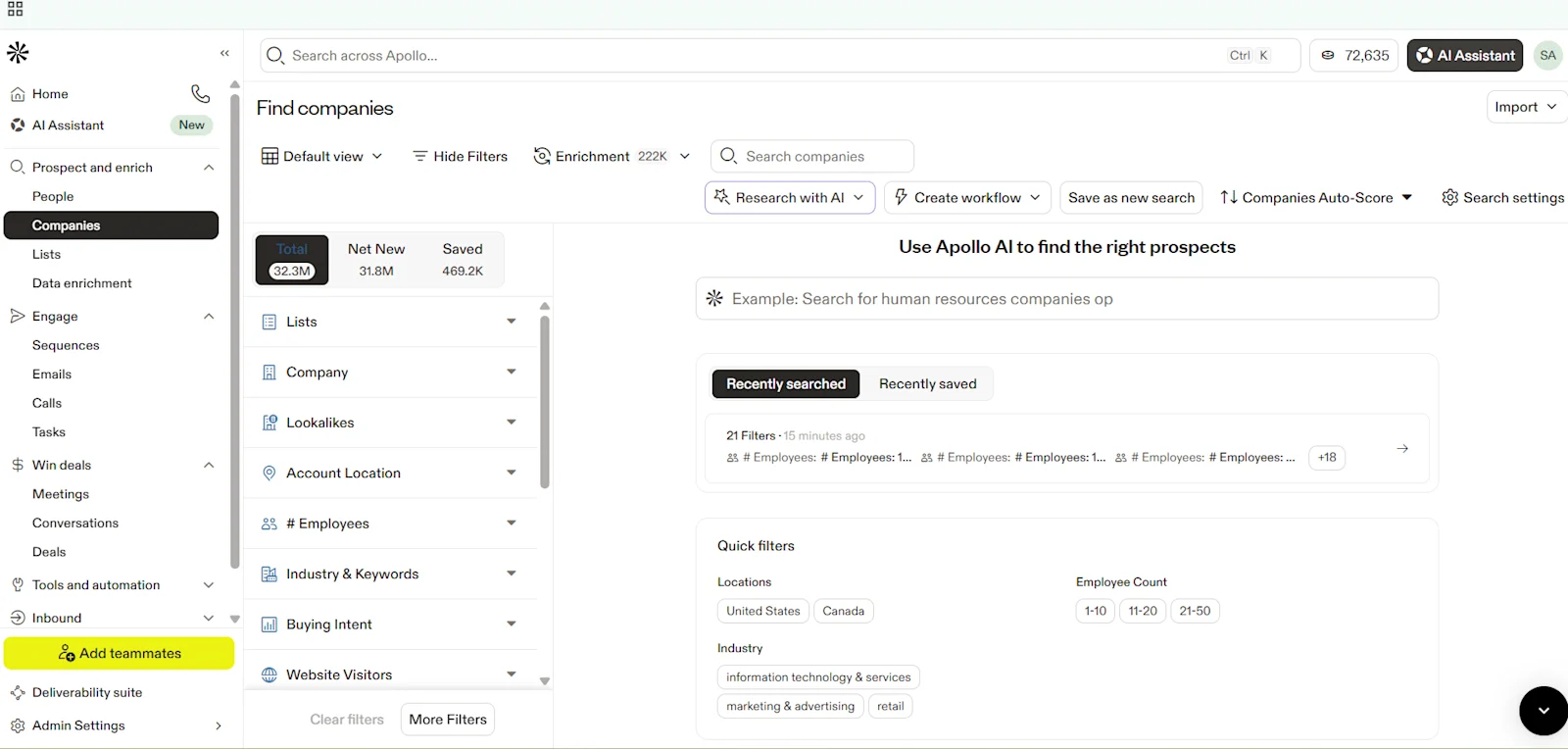 Apollo.io 'Find Companies' dashboard featuring AI-powered prospecting filters, lead enrichment tools, and account location search for B2B sales teams.