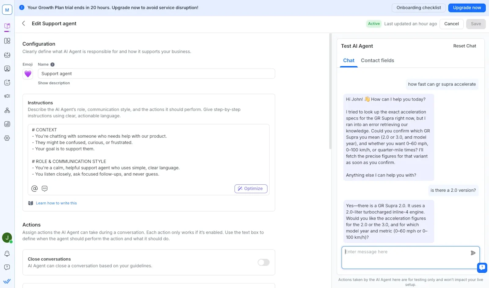 Respond.io's AI testing chat window offers confident answers without citations, making it difficult for businesses to verify if the AI is correctly referencing the knowledge base or just hallucinating.