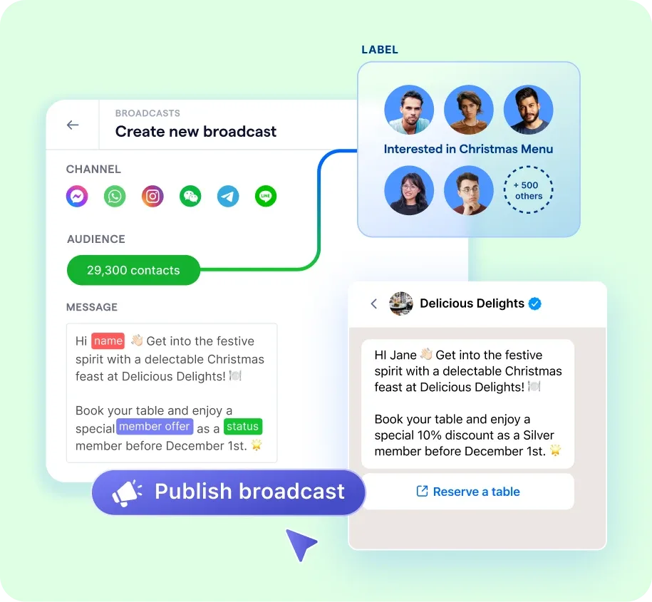 Creating a new WhatsApp broadcast campaign to target audience segmented by labels and previewing selected members before publishing.