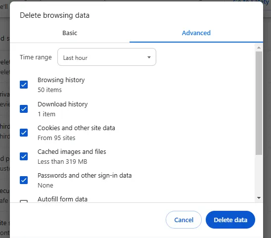 action to clear cache using chrome