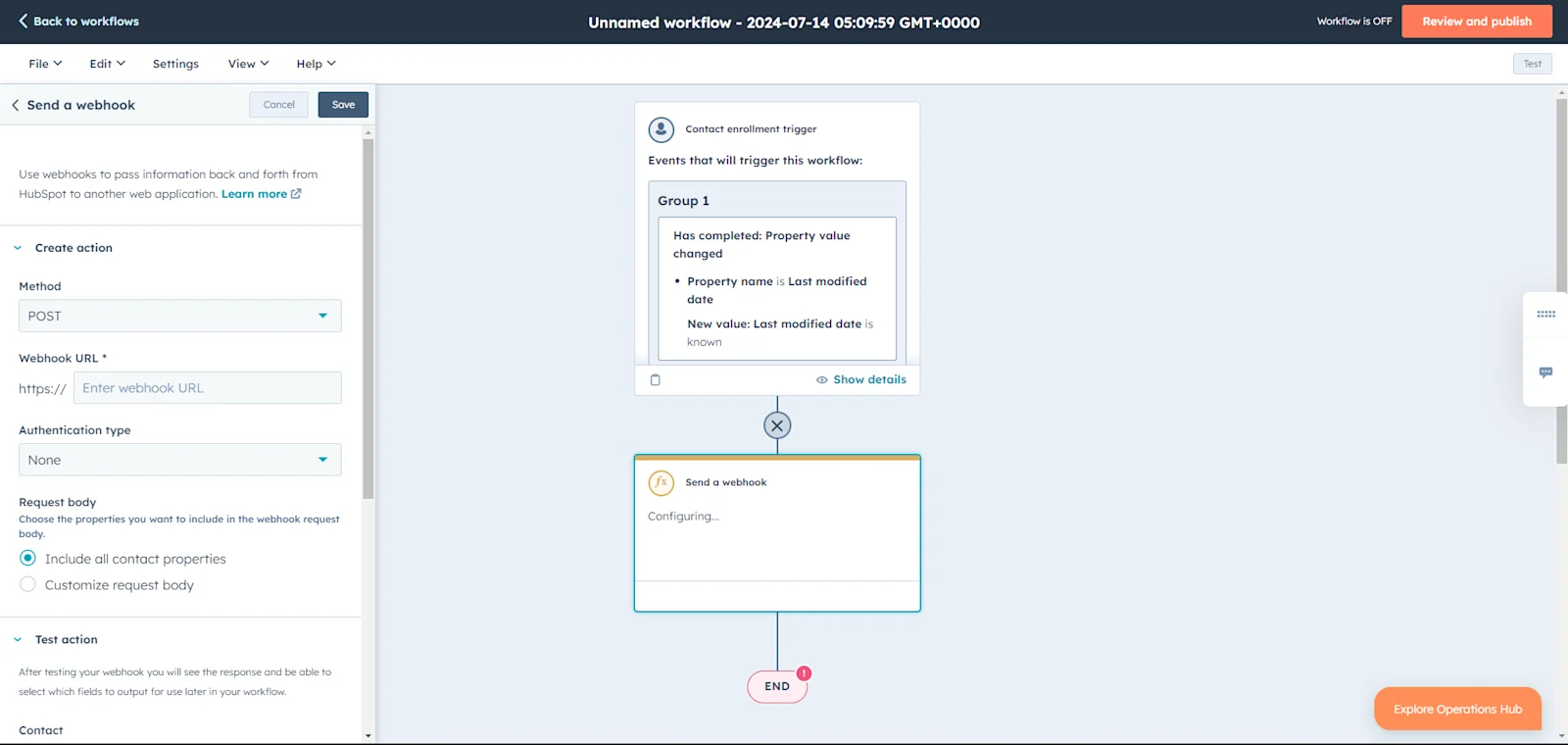 HubSpot webhook setup screen with save option highlighted
