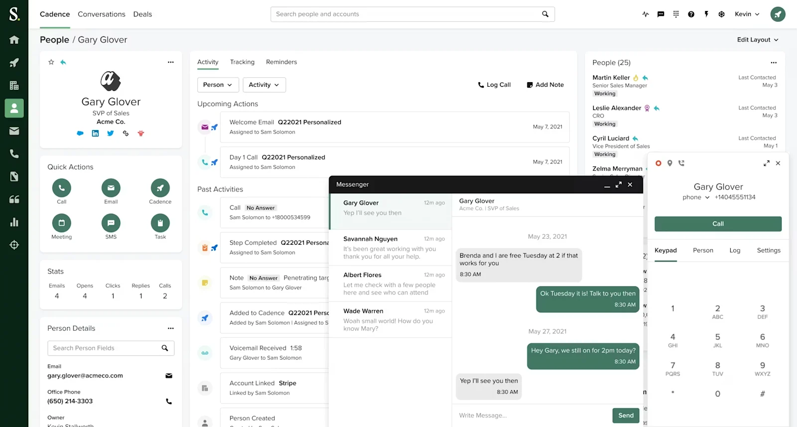 Salesloft CRM dashboard illustrating automated sales workflows with lead tracking, conversation history, and direct communication tools for sales teams.