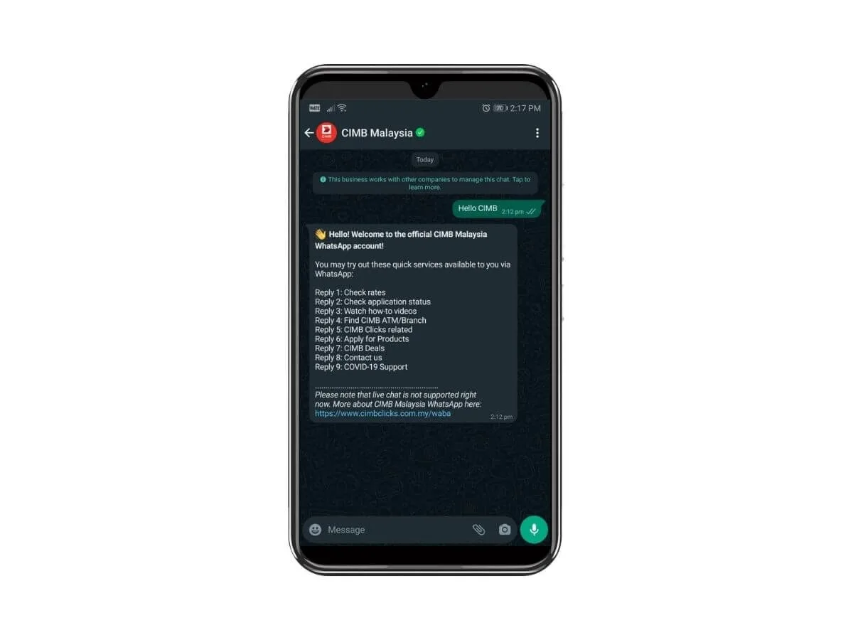 phone screen showing cimb malaysia whatsapp chat options for services