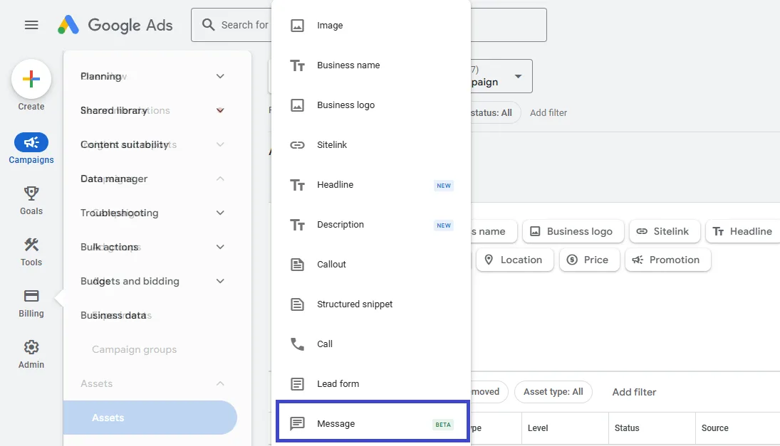 dropdown menu for selecting asset types, highlighting the "message" option