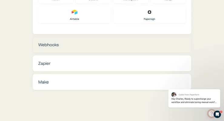 2integration options for webhooks, zapier, and make shown
