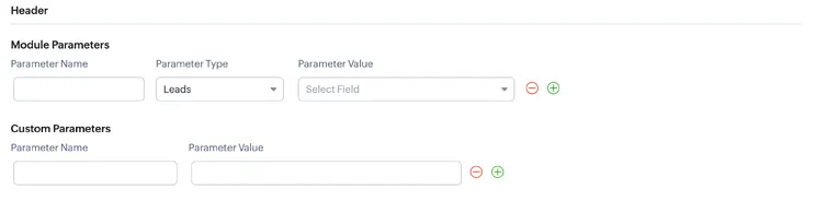 webhook parameter setup with module and custom parameters