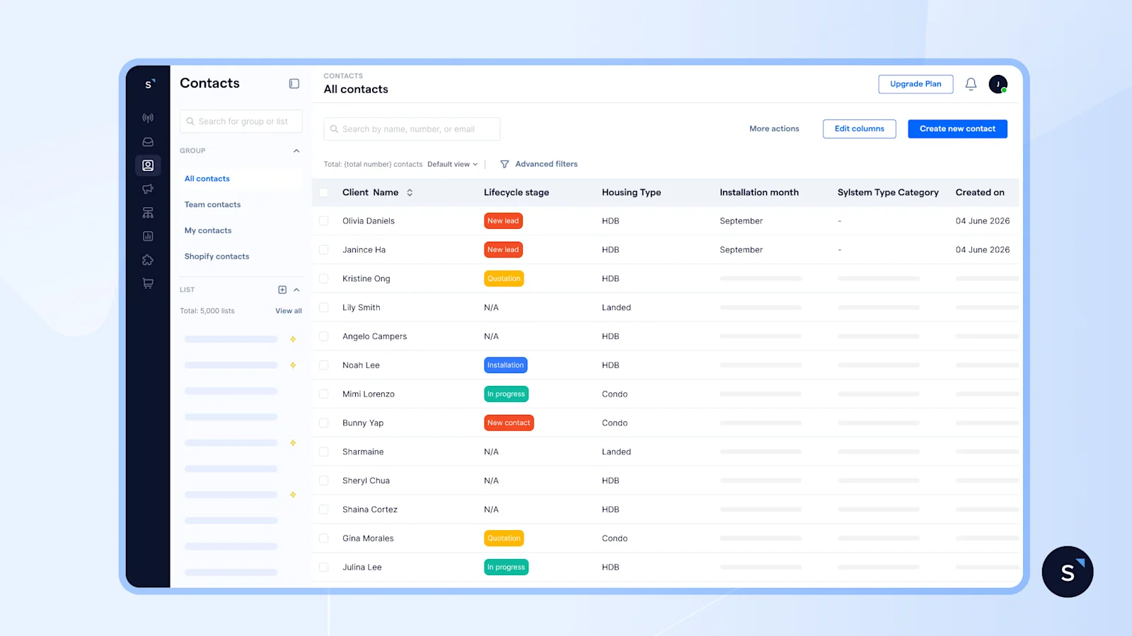 SleekFlow CRM showing full details of every customer, including housing type and installation month