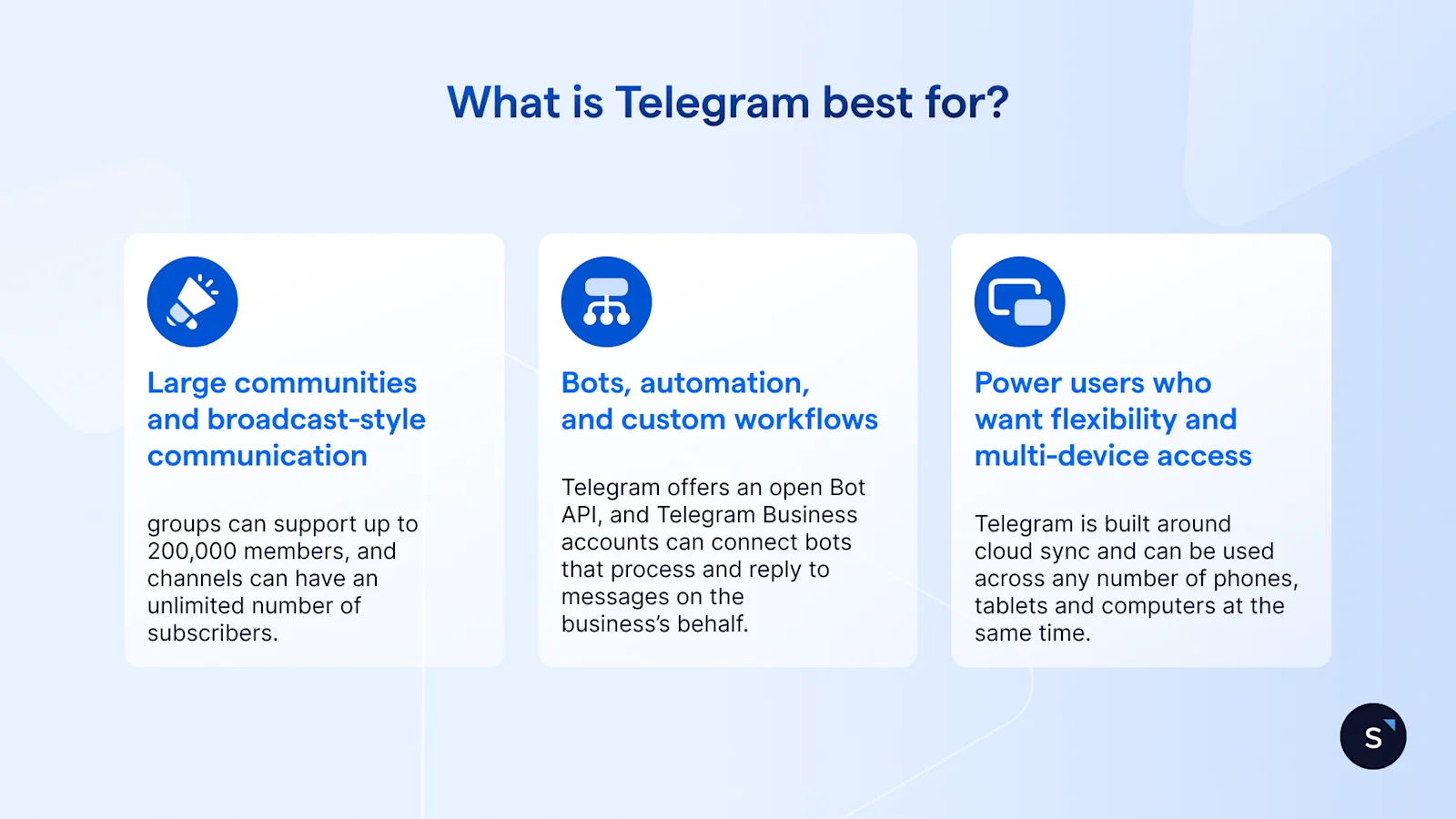 Telegram is best for large communities, custom bots and multi-user excess